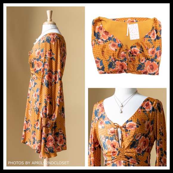 FREE PEOPLE BOHO V-NECK LONG SLEEVES DRESS A2C - Picture 4 of 8